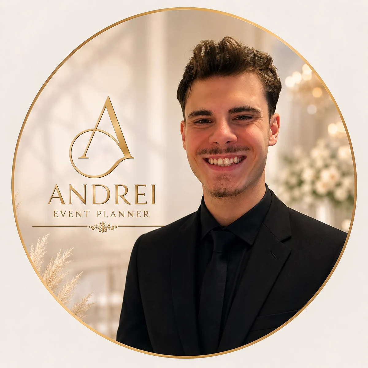 Identitatea Andrei Event Planner cu portretul lui Andrei și monograma aurie