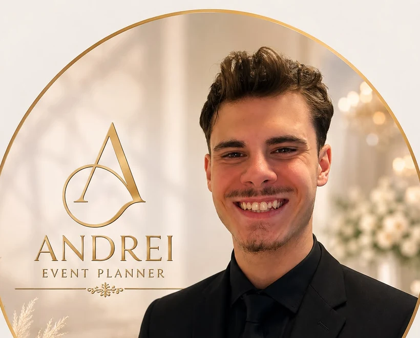 Cadru crem și auriu din identitatea Andrei Event Planner