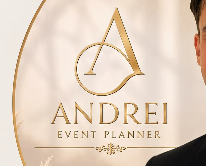 Detaliu al monogramei și denumirii Andrei Event Planner